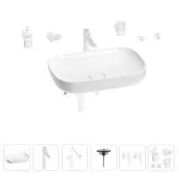 Раковина для ванной Wellsee Croquis 201005715 в наборе 9 в 1: раковина белого глянцевого цвета, высокий смеситель, сифон, выпуск, угловые вентили, аксессуары (цвет матовый белый)