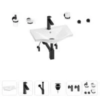 Раковина для ванной Wellsee Bisou 201007112 в наборе 9 в 1: раковина белого глянцевого цвета, смеситель, сифон, донный клапан, угловые вентили, аксессуары (цвет набора матовый черный)
