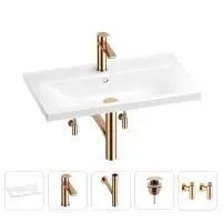 Раковина для ванной Wellsee FreeDom 201004999 в наборе 5 в 1: раковина белого глянцевого цвета, смеситель, сифон, донный клапан, угловые вентили (цвет набора розовое золото)