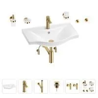 Раковина для ванной Wellsee Bisou 201007338 в наборе 9 в 1: раковина белого глянцевого цвета, смеситель, сифон, донный клапан, угловые вентили, аксессуары (цвет набора золото)