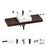 Раковина 50 см со столешницей 140 см Wellsee Graceful Pro 201012607 в наборе 10 в 1: столешница, раковина, смеситель, сифон, донный клапан, угловые вентили, аксессуары (цвет матовый черный)
