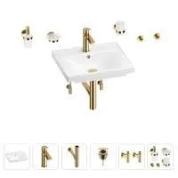Раковина для ванной Wellsee FreeDom 201006823 в наборе 9 в 1: раковина белого глянцевого цвета, смеситель, сифон, донный клапан, угловые вентили, аксессуары (цвет набора золото)