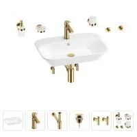 Раковина для ванной Wellsee Eclatant 201007453 в наборе 9 в 1: раковина белого глянцевого цвета, смеситель, сифон, донный клапан, угловые вентили, аксессуары (цвет набора золото)