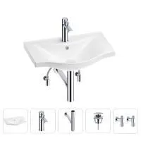 Раковина для ванной Wellsee Bisou 201005151 в наборе 5 в 1: раковина белого глянцевого цвета, смеситель, сифон, донный клапан, угловые вентили (цвет набора хром)