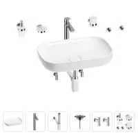 Раковина для ванной Wellsee Croquis 201005646 в наборе 9 в 1: раковина белого глянцевого цвета, высокий смеситель, сифон, выпуск, угловые вентили, аксессуары (цвет хром)