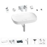 Раковина для ванной Wellsee Croquis 201005696 в наборе 8 в 1: раковина белого глянцевого цвета, встраиваемый смеситель, сифон, выпуск, аксессуары (цвет набора хром)