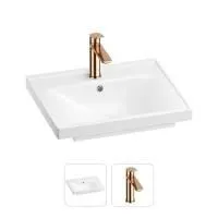 Раковина для ванной Wellsee FreeDom 201000819 в наборе 2 в 1: прямоугольная раковина белого глянцевого цвета, смеситель в цвете розовое золото