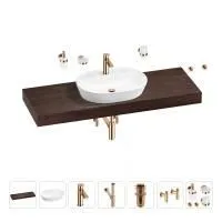 Раковина 60 см со столешницей 140 см Wellsee Calin 201007864 в наборе 10 в 1: столешница, раковина, смеситель, сифон, донный клапан, угловые вентили, аксессуары (цвет розовое золото)