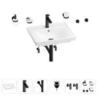 Раковина для ванной Wellsee FreeDom 201006872 в наборе 9 в 1: раковина белого глянцевого цвета, смеситель, сифон, донный клапан, угловые вентили, аксессуары (цвет набора матовый черный)
