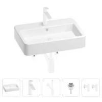 Раковина для ванной Wellsee Halcyon 201004490 в наборе 5 в 1: раковина белого глянцевого цвета, смеситель, сифон, донный клапан, угловые вентили (цвет набора матовый белый)