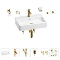 Раковина для ванной Wellsee Halcyon 201006553 в наборе 9 в 1: раковина белого глянцевого цвета, смеситель, сифон, донный клапан, угловые вентили, аксессуары (цвет набора золото)