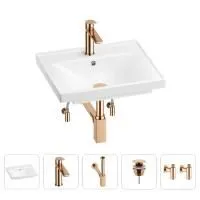 Раковина для ванной Wellsee FreeDom 201004789 в наборе 5 в 1: раковина белого глянцевого цвета, смеситель, сифон, донный клапан, угловые вентили (цвет набора розовое золото)