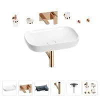 Раковина для ванной Wellsee Croquis 201005679 в наборе 8 в 1: раковина белого глянцевого цвета, встраиваемый смеситель, сифон, выпуск, аксессуары (цвет набора розовое золото)