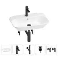 Раковина для ванной Wellsee Eclatant 201005412 в наборе 5 в 1: раковина белого глянцевого цвета, смеситель, сифон, донный клапан, угловые вентили (цвет набора матовый черный)