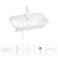 Раковина для ванной Wellsee Eclatant 201005425 в наборе 5 в 1: раковина белого глянцевого цвета, смеситель, сифон, донный клапан, угловые вентили (цвет набора матовый белый)