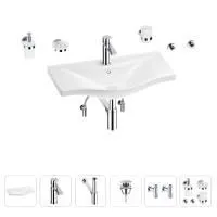 Раковина для ванной Wellsee Bisou 201007351 в наборе 9 в 1: раковина белого глянцевого цвета, смеситель, сифон, донный клапан, угловые вентили, аксессуары (цвет набора хром)