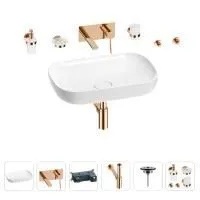 Раковина для ванной Wellsee Croquis 201005644 в наборе 8 в 1: раковина белого глянцевого цвета, встраиваемый смеситель, сифон, выпуск, аксессуары (цвет набора розовое золото)