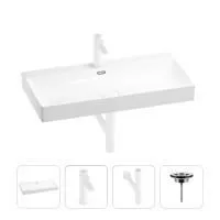 Раковина для ванной Wellsee Bromance 201003880 в наборе 4 в 1: раковина белого глянцевого цвета, смеситель, сифон, выпуск (цвет набора матовый белый)