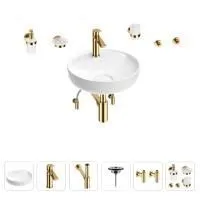 Раковина для ванной Wellsee Chalice Perfection 201006228 в наборе 9 в 1: раковина белого глянцевого цвета, смеситель, сифон, выпуск, угловые вентили, аксессуары (цвет набора золото)