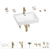 Раковина для ванной Wellsee DeSire 201007559 в наборе 9 в 1: раковина белого глянцевого цвета, смеситель, сифон, выпуск, угловые вентили, аксессуары (цвет набора розовое золото)