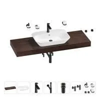 Раковина 65 см со столешницей 140 см Wellsee Eclatant 201013202 в наборе 10 в 1: столешница, раковина, смеситель, сифон, донный клапан, угловые вентили, аксессуары (цвет матовый черный)