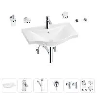 Раковина для ванной Wellsee Bisou 201007321 в наборе 9 в 1: раковина белого глянцевого цвета, смеситель, сифон, донный клапан, угловые вентили, аксессуары (цвет набора хром)