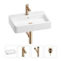 Раковина для ванной Wellsee Halcyon 201002824 в наборе 4 в 1: раковина белого глянцевого цвета, смеситель, сифон, донный клапан (цвет набора розовое золото)