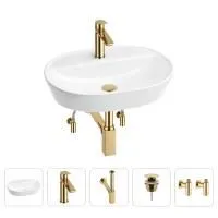 Раковина для ванной Wellsee Calin 201003913 в наборе 5 в 1: раковина белого глянцевого цвета, смеситель, сифон, донный клапан, угловые вентили (цвет набора золото)