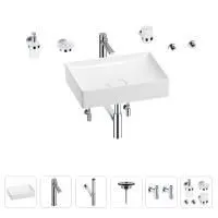 Раковина для ванной Wellsee Pure BY Wellsee 201006416 в наборе 9 в 1: раковина белого глянцевого цвета, высокий смеситель, сифон, выпуск, угловые вентили, аксессуары (цвет хром)