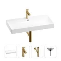 Раковина для ванной Wellsee Bromance 201003873 в наборе 4 в 1: раковина белого глянцевого цвета, смеситель, сифон, выпуск (цвет набора золото)
