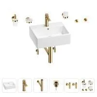 Раковина для ванной Wellsee Graceful Pro 201006678 в наборе 9 в 1: раковина белого глянцевого цвета, смеситель, сифон, донный клапан, угловые вентили, аксессуары (цвет набора золото)
