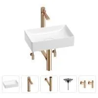 Раковина для ванной Wellsee Pure BY Wellsee 201004364 в наборе 5 в 1: раковина белого глянцевого цвета, высокий смеситель, сифон, выпуск, угловые вентили (цвет набора розовое золото)