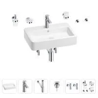 Раковина для ванной Wellsee Halcyon 201006551 в наборе 9 в 1: раковина белого глянцевого цвета, смеситель, сифон, донный клапан, угловые вентили, аксессуары (цвет набора хром)