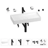 Раковина для ванной Wellsee Pure BY Wellsee 201006497 в наборе 9 в 1: раковина белого глянцевого цвета, высокий смеситель, сифон, выпуск, угловые вентили, аксессуары (цвет матовый черный)