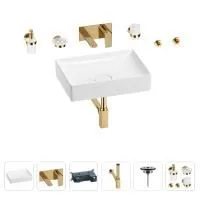 Раковина для ванной Wellsee Pure BY Wellsee 201006383 в наборе 8 в 1: раковина белого глянцевого цвета, встраиваемый смеситель, сифон, выпуск, аксессуары (цвет набора золото)