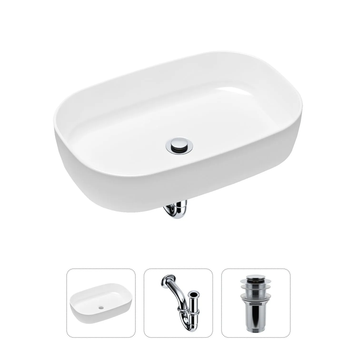 Комплект 3 в 1 Lavinia Boho Bathroom Sink 21520055: накладная фарфоровая  раковина 54 см, металлический сифон, донный клапан купить в Москве