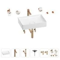 Раковина для ванной Wellsee Pure BY Wellsee 201006419 в наборе 9 в 1: раковина белого глянцевого цвета, высокий смеситель, сифон, выпуск, угловые вентили, аксессуары (цвет розовое золото)