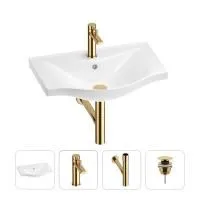 Раковина для ванной Wellsee Bisou 201003528 в наборе 4 в 1: раковина белого глянцевого цвета, смеситель, сифон, донный клапан (цвет набора золото)