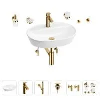 Раковина для ванной Wellsee Calin 201005608 в наборе 9 в 1: раковина белого глянцевого цвета, смеситель, сифон, донный клапан, угловые вентили, аксессуары (цвет набора золото)