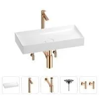 Раковина для ванной Wellsee Pure BY Wellsee 201004429 в наборе 5 в 1: раковина белого глянцевого цвета, высокий смеситель, сифон, выпуск, угловые вентили (цвет набора розовое золото)