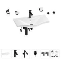 Раковина для ванной Wellsee Bisou 201007392 в наборе 9 в 1: раковина белого глянцевого цвета, смеситель, сифон, донный клапан, угловые вентили, аксессуары (цвет набора матовый черный)
