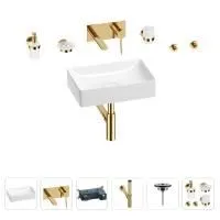 Раковина для ванной Wellsee Pure BY Wellsee 201006333 в наборе 8 в 1: раковина белого глянцевого цвета, встраиваемый смеситель, сифон, выпуск, аксессуары (цвет набора золото)