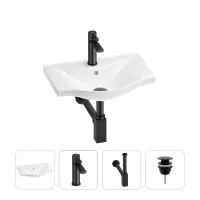 Раковина для ванной Wellsee Bisou 201003367 в наборе 4 в 1: раковина белого глянцевого цвета, смеситель, сифон, донный клапан (цвет набора матовый черный)