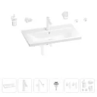 Раковина для ванной Wellsee FreeDom 201007100 в наборе 9 в 1: раковина белого глянцевого цвета, смеситель, сифон, донный клапан, угловые вентили, аксессуары (цвет набора матовый белый)