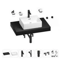 Раковина 43 см со столешницей 80 см Wellsee Graceful Pro 201012207 в наборе 10 в 1: столешница, раковина, смеситель, сифон, донный клапан, угловые вентили, аксессуары (цвет матовый черный)