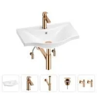 Раковина для ванной Wellsee Bisou 201005159 в наборе 5 в 1: раковина белого глянцевого цвета, смеситель, сифон, донный клапан, угловые вентили (цвет набора розовое золото)