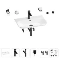 Раковина для ванной Wellsee Eclatant 2.0 201007532 в наборе 9 в 1: раковина белого глянцевого цвета, смеситель, сифон, донный клапан, угловые вентили, аксессуары (цвет набора матовый черный)