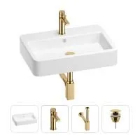 Раковина для ванной Wellsee Halcyon 201002818 в наборе 4 в 1: раковина белого глянцевого цвета, смеситель, сифон, донный клапан (цвет набора золото)
