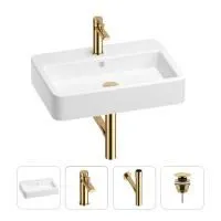 Раковина для ванной Wellsee Halcyon 201002828 в наборе 4 в 1: раковина белого глянцевого цвета, смеситель, сифон, донный клапан (цвет набора золото)