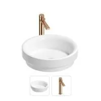 Раковина для ванной Wellsee Doux 201000659 в наборе 2 в 1: круглая раковина белого глянцевого цвета, высокий смеситель в цвете розовое золото